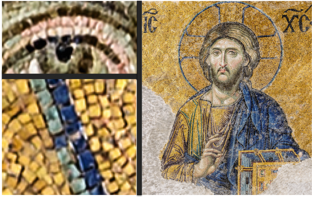 Mosaic icon of “Christ Pantocrator”  in Hagia Sophia, Istanbul (Details shown at left) Source: Wikimedia Commons